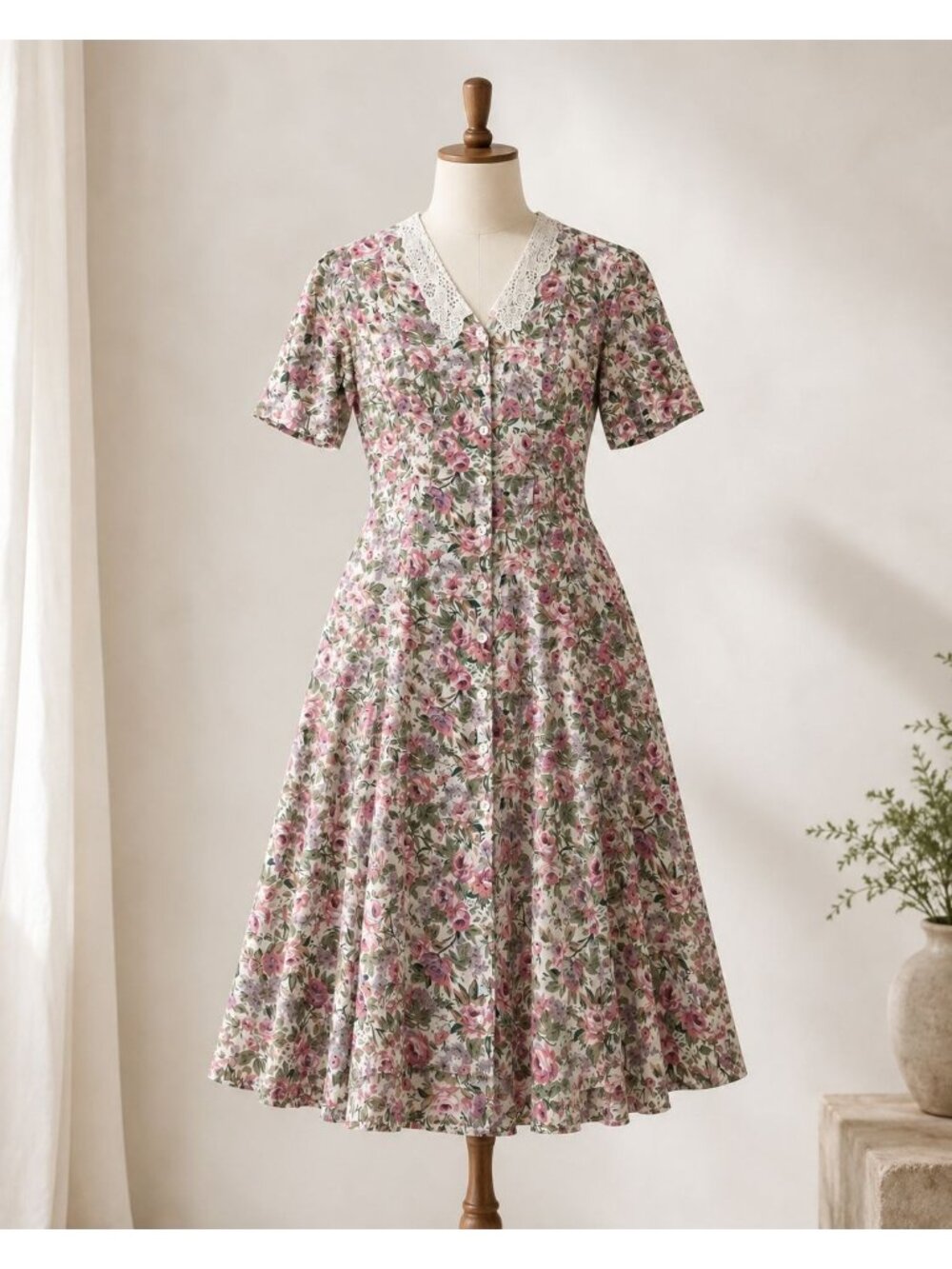 HK3 Vintage Jonathan Martin Floral Rayon Midi Dress Size 7 Lace Collar Button Fr